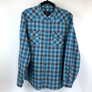 Mens AE American Eagle Western Blue Plaid Black Snap Long Sleeve Shirt XL/TG